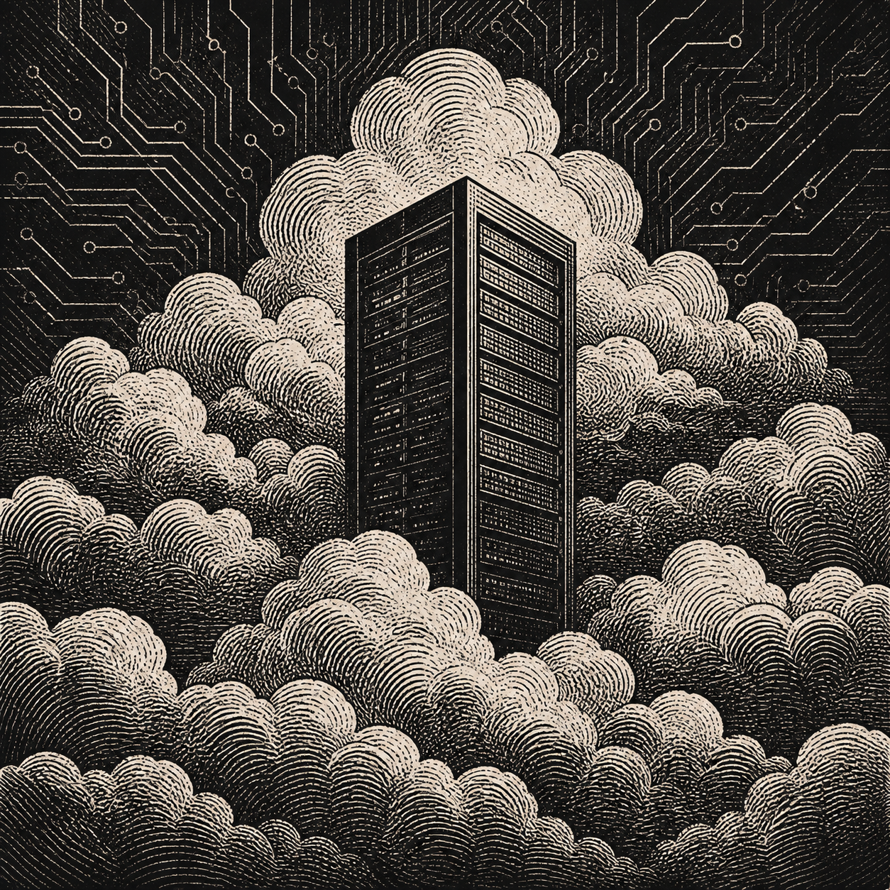 Grabado de torre cloud entre nubes y circuitos