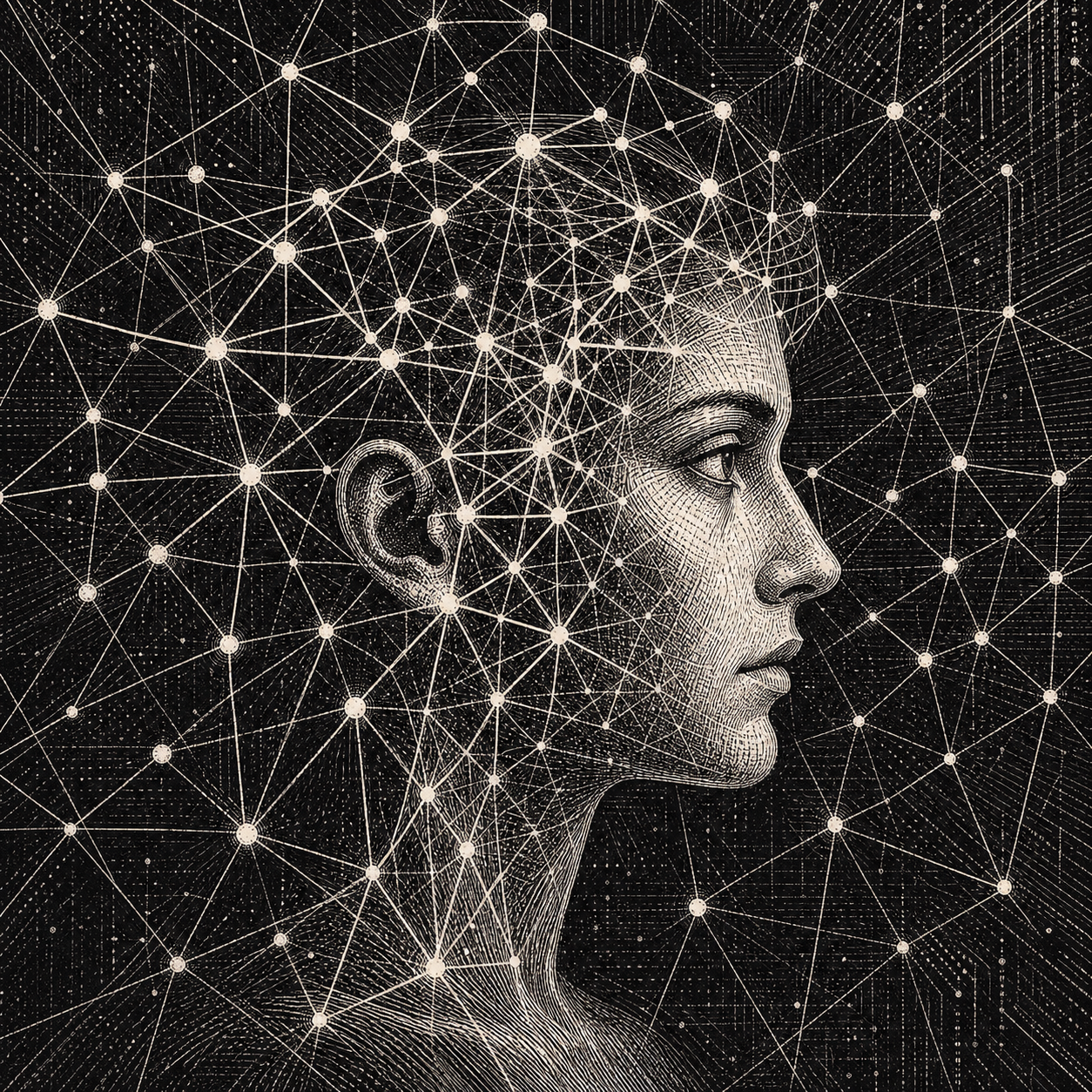 Grabado de inteligencia artificial con rostro humano y red neuronal