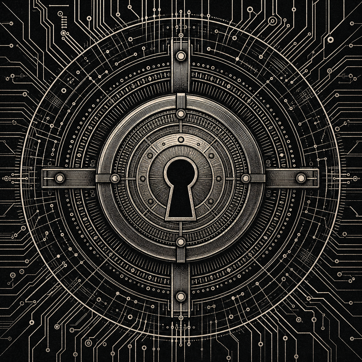 Grabado de sello de ciberseguridad con cerradura y circuitos