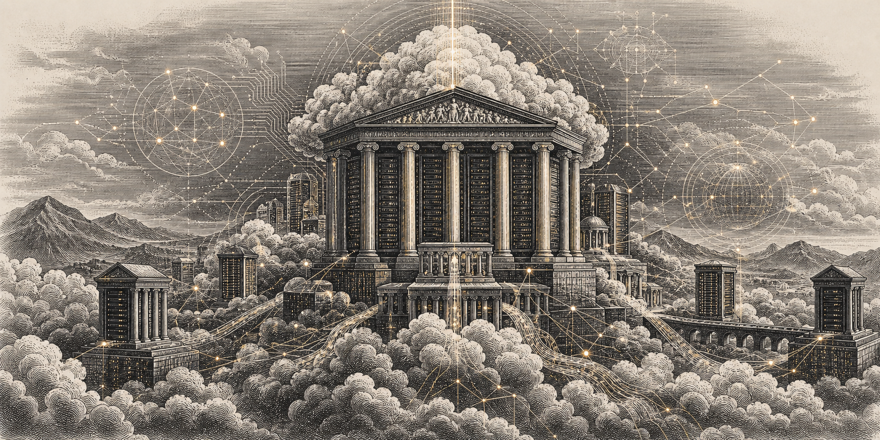 Grabado de templo cloud con servidores, nubes y redes distribuidas