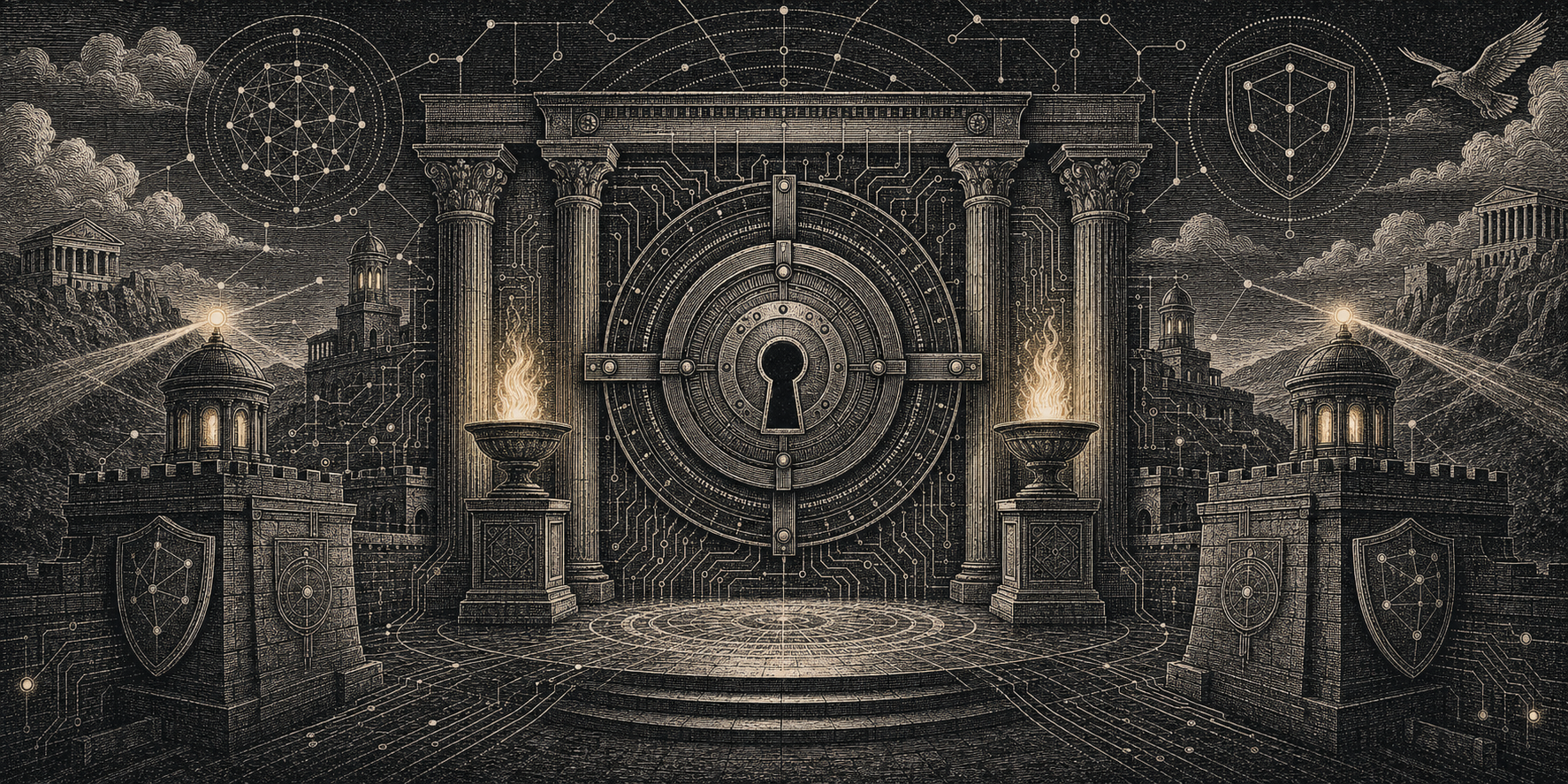 Grabado de fortaleza digital con vault de seguridad y circuitos defensivos