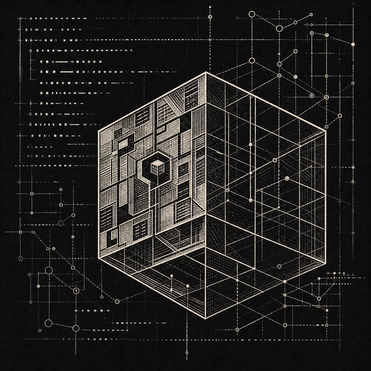 Grabado de cubo arquitectónico de software con diagramas técnicos