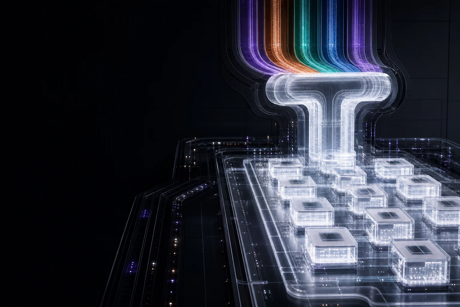 Ilustración de la infraestructura de IA en la nube de Theus: servidores, nubes y redes distribuidas para desplegar modelos en producción