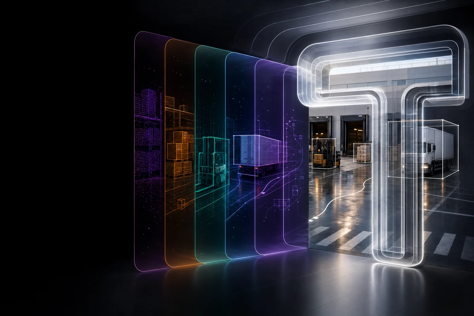 Ilustración de la visión computacional para empresas de Theus: laboratorio óptico con ojo monumental y geometría de análisis de imagen