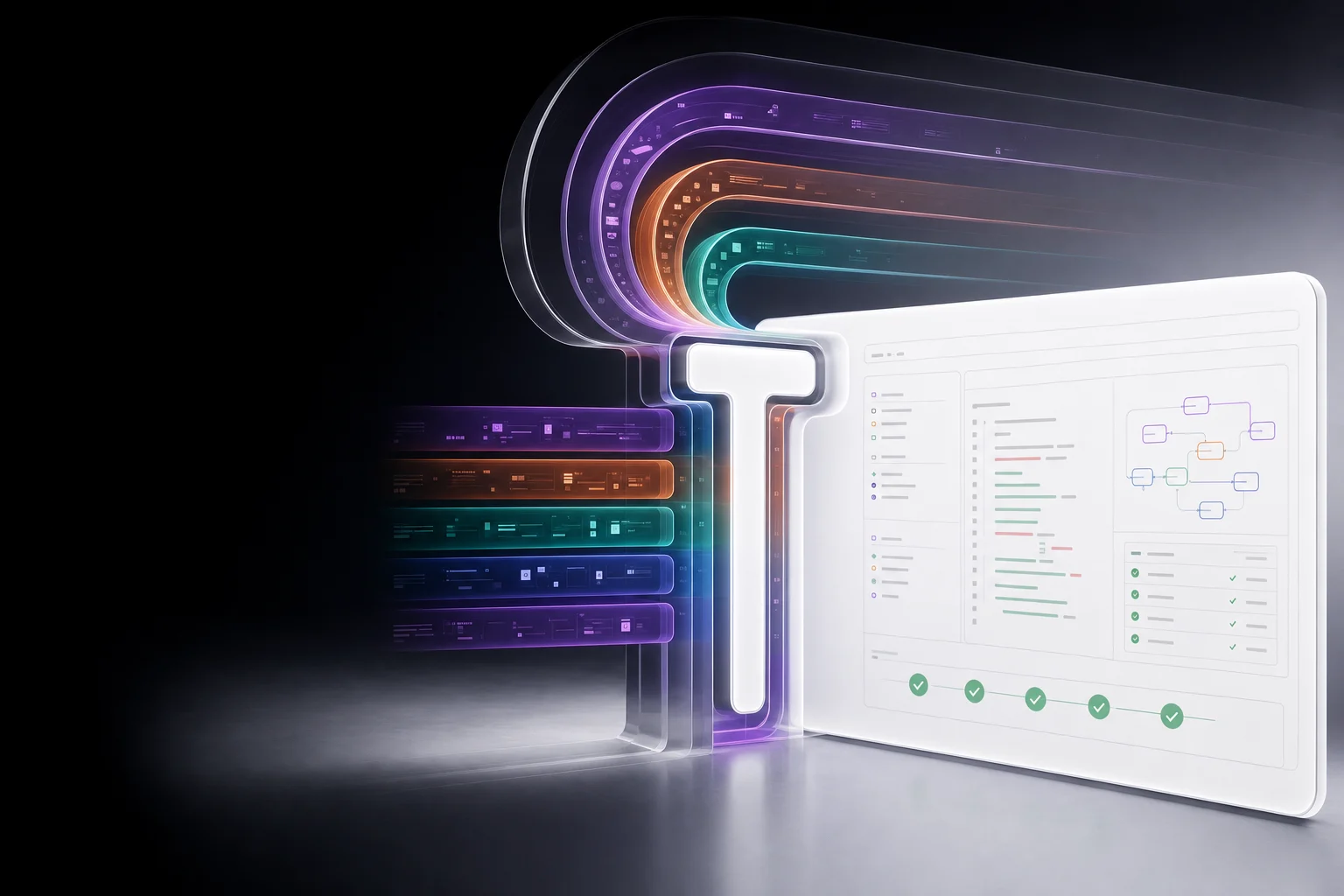 Ilustración del desarrollo de software a medida de Theus: cubo modular y planos técnicos que representan la arquitectura de una plataforma