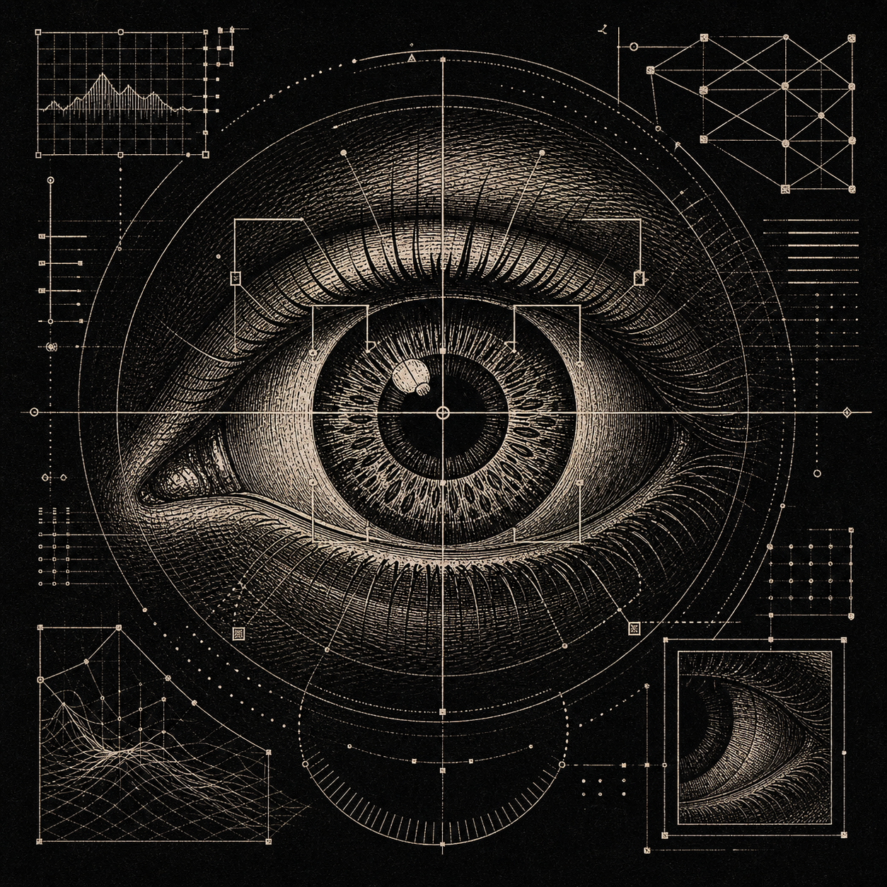 Grabado de ojo con mediciones y análisis visual