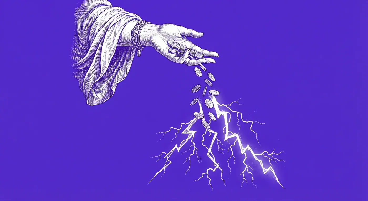 Engraving: a hand drops coins that turn into lightning