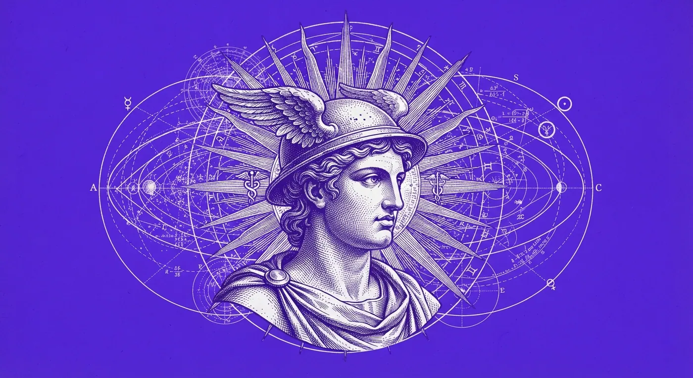 Engraving: Hermes with the winged helmet among rings and constellations