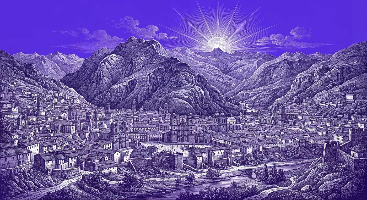 Engraving: an Andean valley with the city in the distance