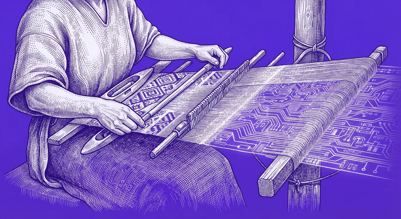 Engraving: hands weaving a circuit pattern on a loom