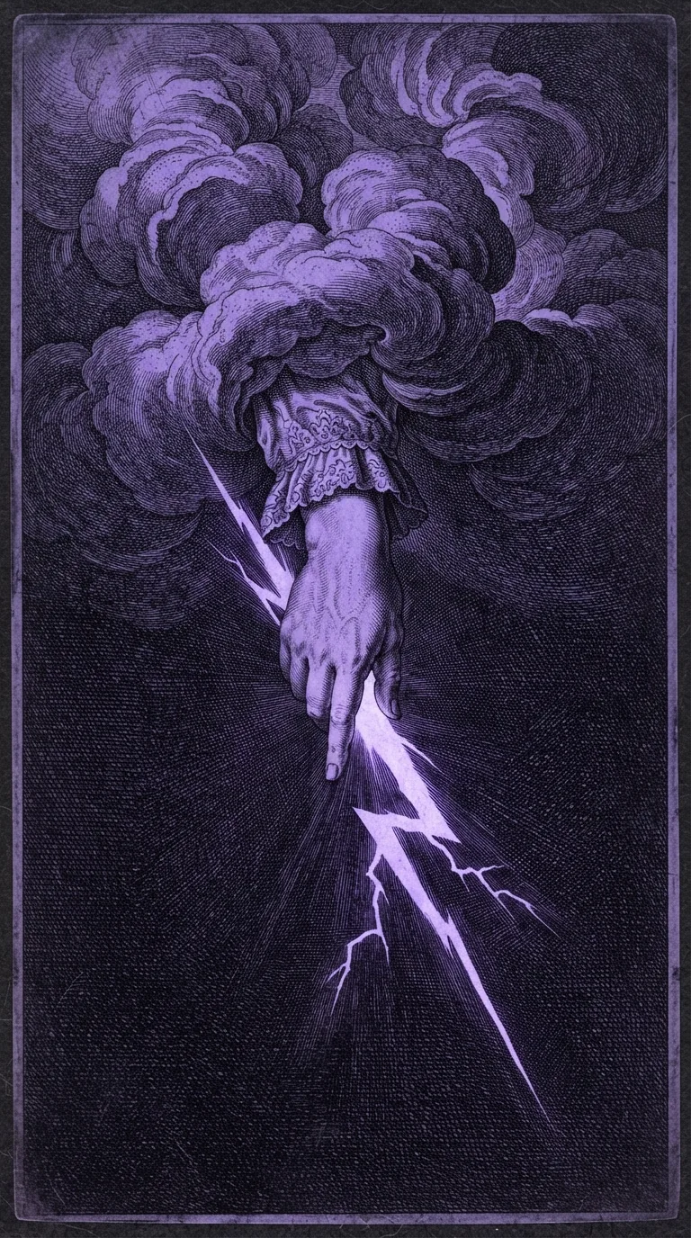 Engraving: a hand emerges from the clouds with a lightning bolt falling from its finger