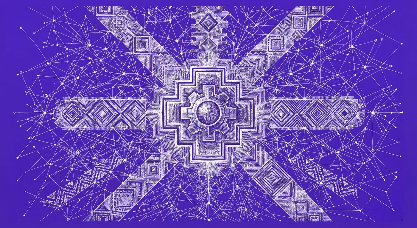 Engraving: an Andean chakana woven from a graph of nodes