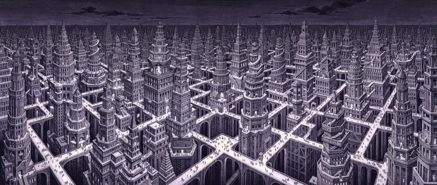 Engraving: a city of towers and walkways seen from above, each building a module of the repository
