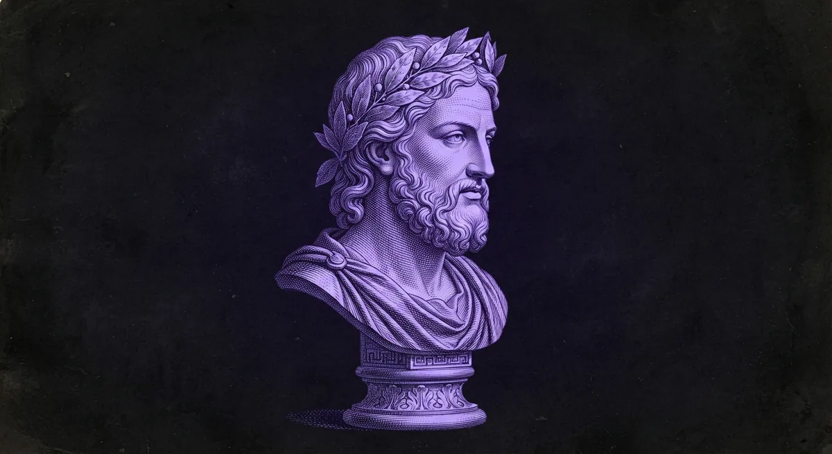 Grabado: busto clásico coronado de laurel, de perfil, sobre un pedestal