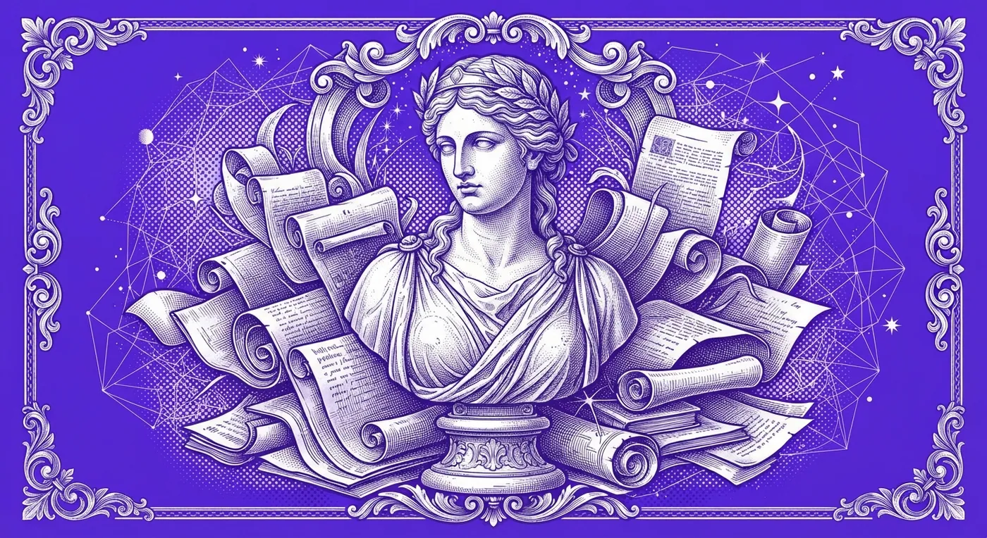Engraving: the muse of memory surrounded by scrolls