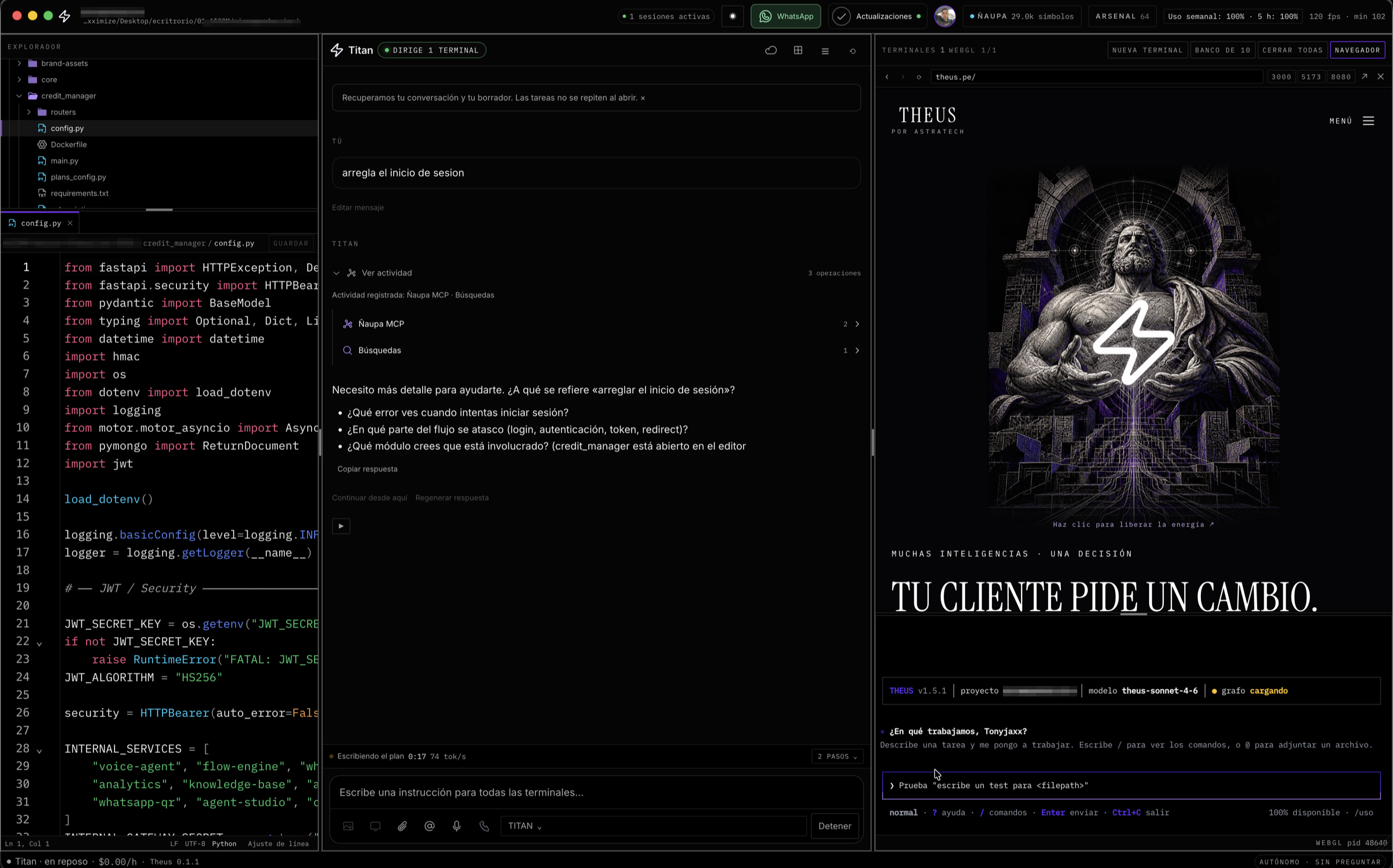Theus Desktop con un proyecto abierto: explorador de archivos, conversación con Titán, terminal y navegador integrado.